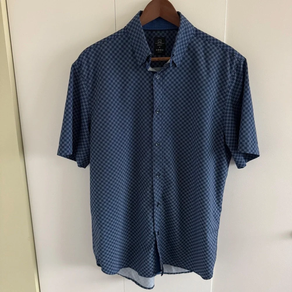 Michael Strahan Mens Modern Fit Short Sleeve Button Down Shirt Blue Geometric M - Picture 1 of 4